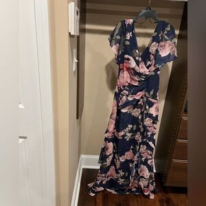 Xscape Flutter Sleeve V-Neck Maxi Dress in Blue and Pink